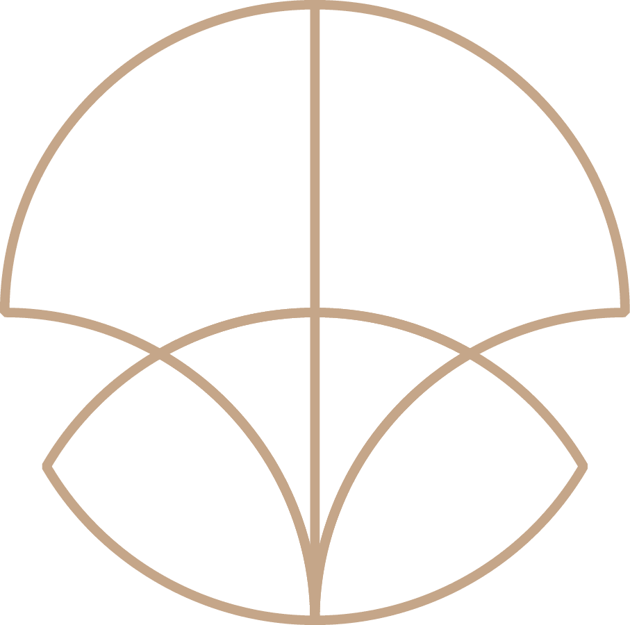 A geometric line drawing featuring symmetrical semicircles and fan-like patterns with vertical and horizontal axes creating a balanced architectural or decorative design.