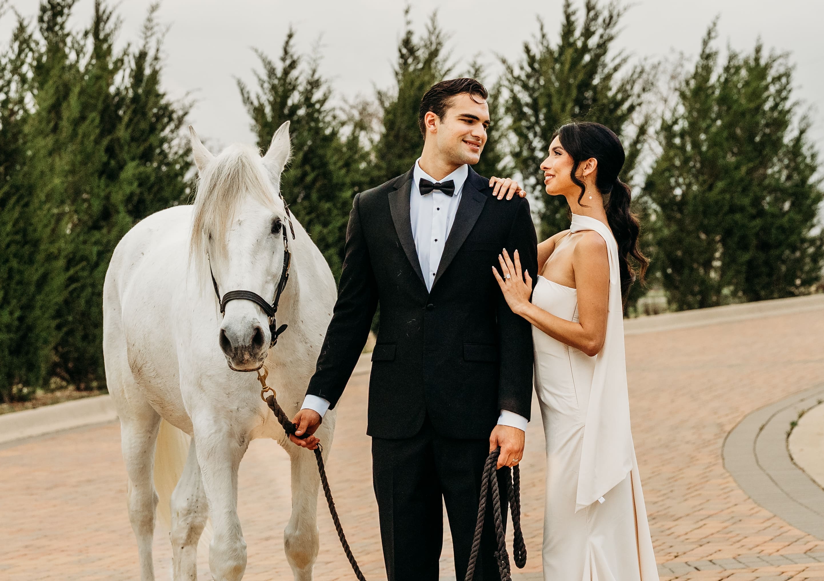 A bride and groom pose with a white horse at their wedding, dressed in formal attire against a backdrop of evergreen trees during golden hour.