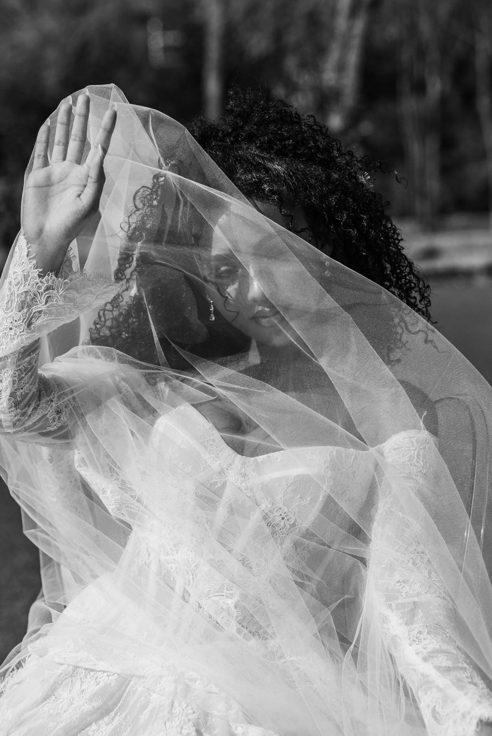 Black and white close-up of delicate veil details