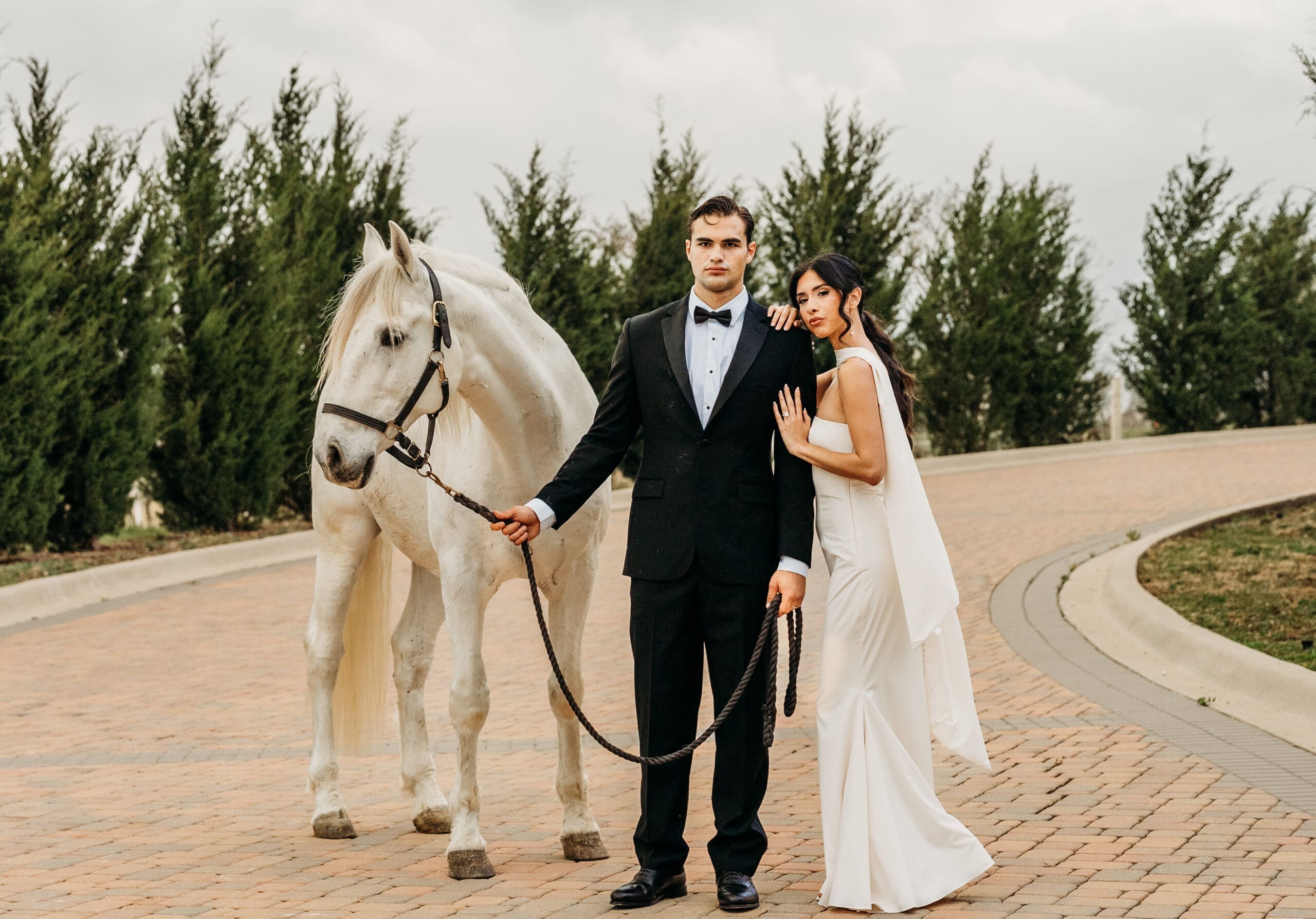 Bride and groom with a white horse on a garden pathway