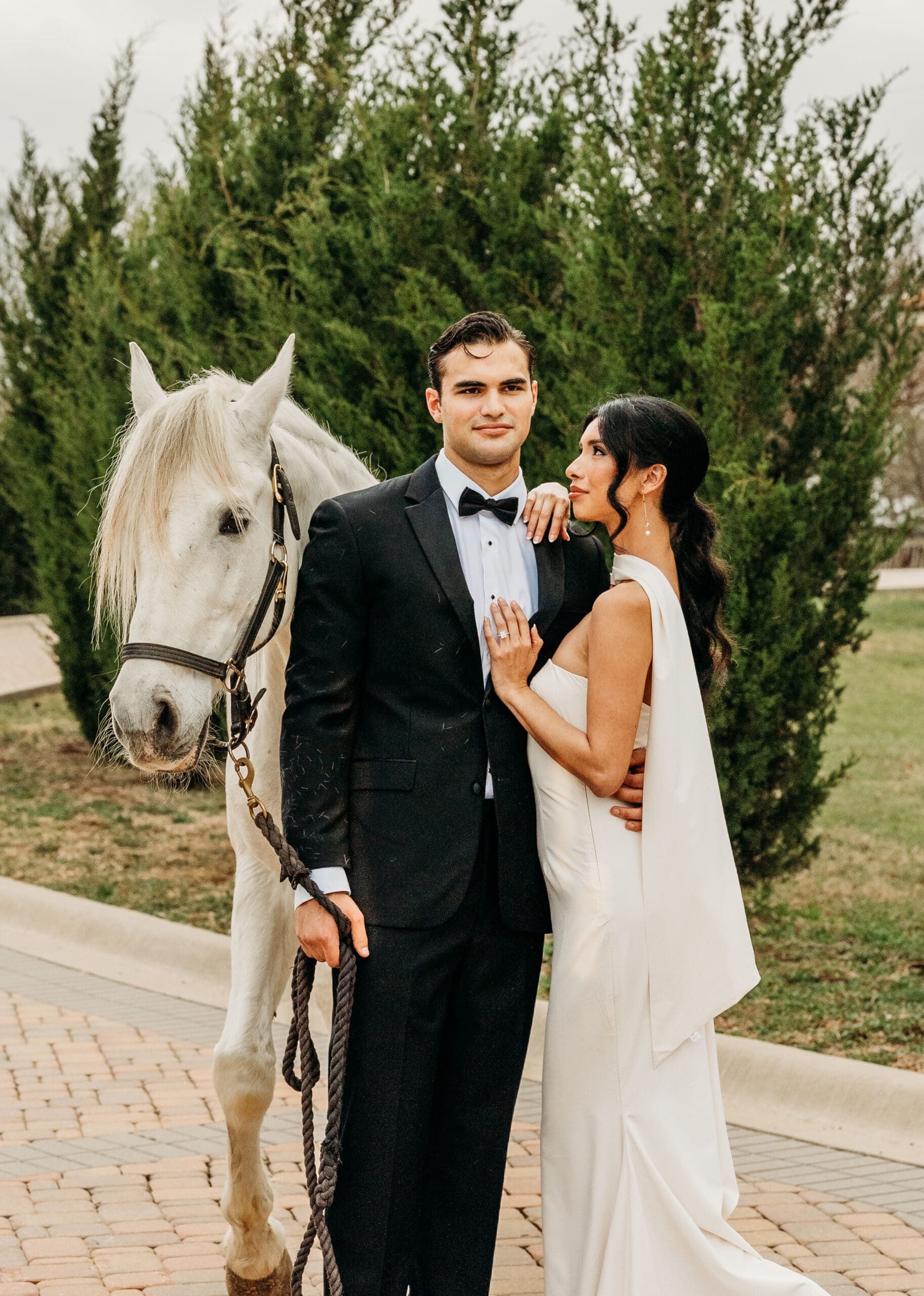 Bride with a flowing veil posing with a white horse