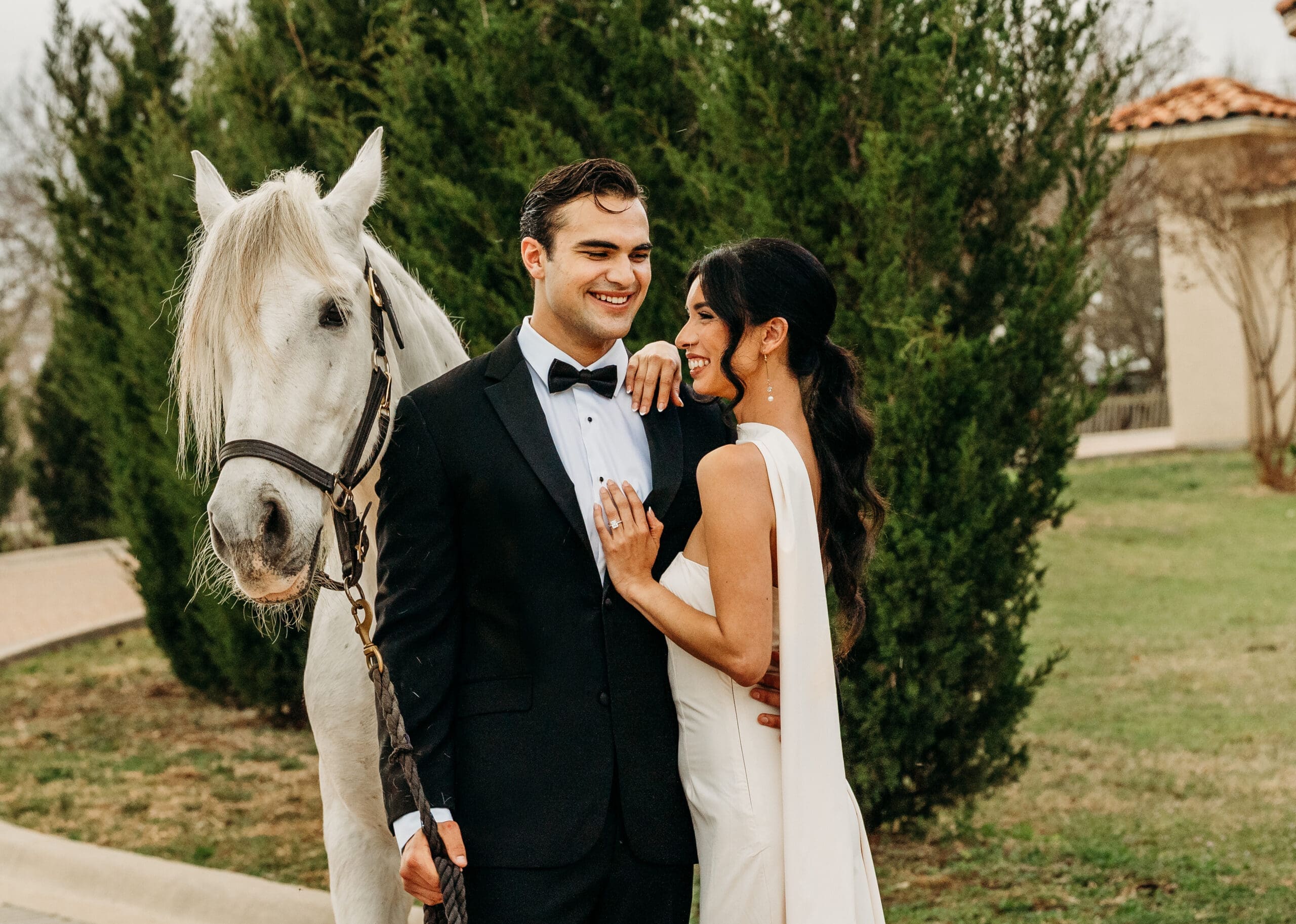 Bride and groom with a white horse at an elegant outdoor wedding