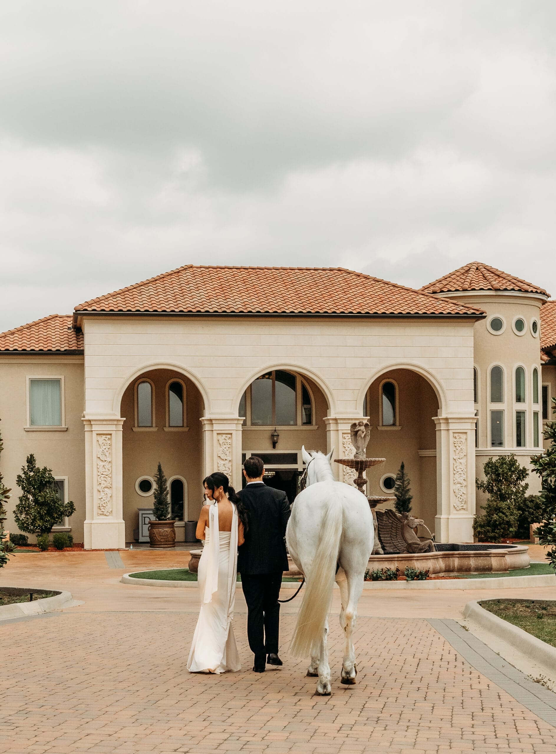 Bride and groom with a white horse in front of a classical building